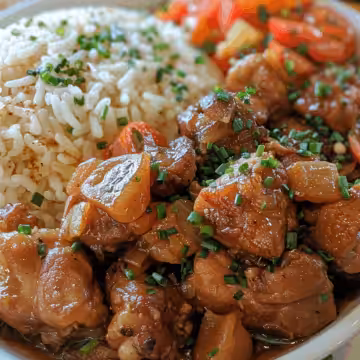 Adobo Chicken and Rice taken with iphone 15 pro max --iw 2 --ar 4:5 --v 6.0 --raw