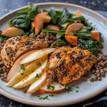 Balsamic Chicken with Apple, Lentil and Spinach Salad taken with iphone 15 pro max --iw 2 --ar 4:5 --v 6.0 --raw