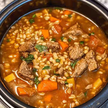 Beef & Barley Soup Crock Pot taken with iphone 15 pro max --iw 2 --ar 4:5 --v 6.1 --raw