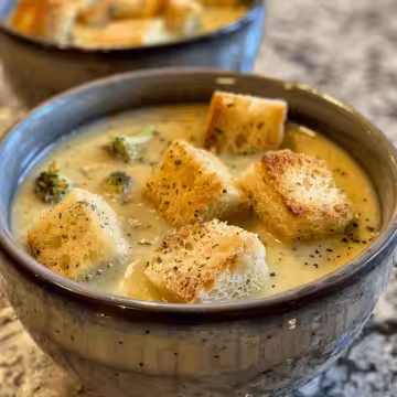 Broccoli, Cauliflower, and Cheddar Soup with Garlic Croutons taken with iphone 15 pro max --iw 2 --ar 4:5 --v 6.0 --raw