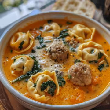 Butternut Squash Tortellini Soup with Mini Meatballs taken with iphone 15 pro max --iw 2 --ar 4:5 --v 6.0 --raw