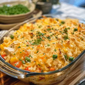 Cheesy Chicken Rice-A-Roni Casserole taken with iphone 15 pro max --iw 2 --ar 4:5 --v 6.0 --raw