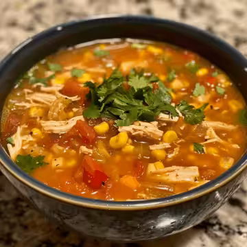 Chicken Tortilla Soup with Corn and Tomatoes taken with iphone 15 pro max --iw 2 --ar 4:5 --v 6.0 --raw