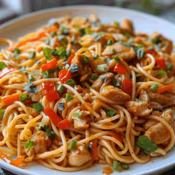 Chinese Chicken Spaghetti taken with iphone 15 pro max --iw 2 --ar 4:5 --v 6.0 --raw