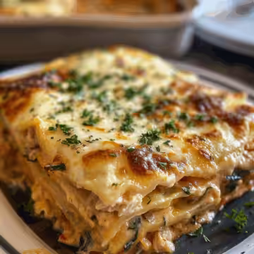Creamy Chicken Lasagna taken with iphone 15 pro max --iw 2 --ar 4:5 --v 6.0 --raw