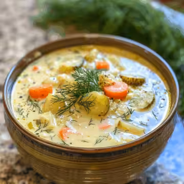 Creamy Dill Pickle Soup taken with iphone 15 pro max --iw 2 --ar 4:5 --v 6.0 --raw