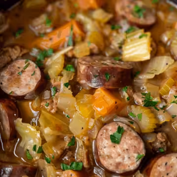 Crock Pot Sausage and Cabbage Soup taken with iphone 15 pro max --iw 2 --ar 4:5 --v 6.0 --raw