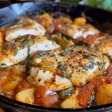 Italian Chicken Skillet Supper taken with iphone 15 pro max --iw 2 --ar 4:5 --v 6.0 --raw