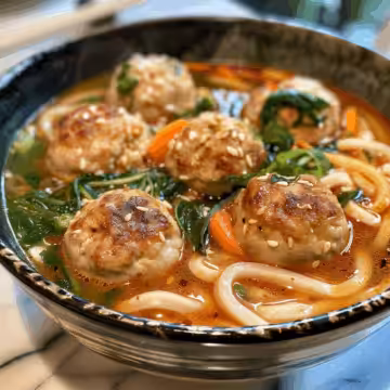 Red Curry Chicken Meatball Udon Soup taken with iphone 15 pro max --iw 2 --ar 4:5 --v 6.0 --raw