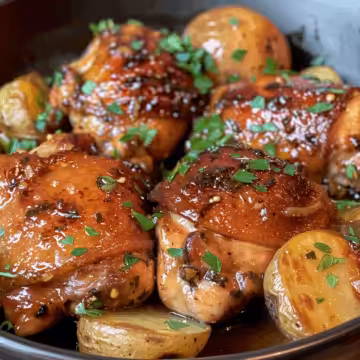 Slow Cooker Honey Garlic Chicken Thighs and Potatoes. taken with iphone 15 pro max --iw 2 --ar 4:5 --v 6.0 --raw