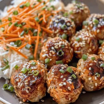Sticky Asian Chicken Meatballs with Rice & Pineapple Slaw taken with iphone 15 pro max --iw 2 --ar 4:5 --v 6.0 --raw