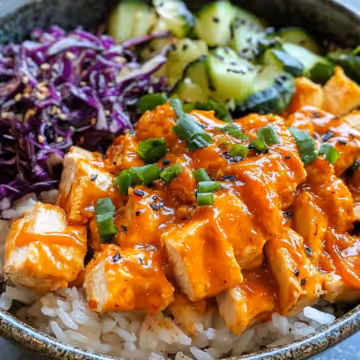 Bang Bang Chicken Bowl Recipe Delight taken with iphone 15 pro max --iw 2 --ar 4:5 --v 6.1 --raw