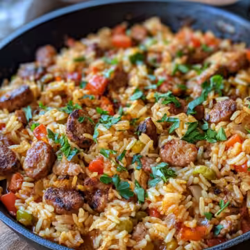 Cajun Sausage And Rice Skillet taken with iphone 15 pro max --iw 2 --ar 4:5 --v 6.1 --raw