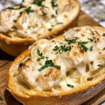 Chicken Alfredo Garlic Bread Bowls taken with iphone 15 pro max --iw 2 --ar 4:5 --v 6.1 --raw