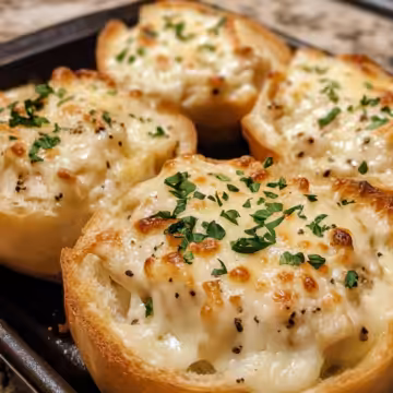 Chicken Alfredo Garlic Bread Bowls taken with iphone 15 pro max --iw 2 --ar 4:5 --v 6.1 --raw