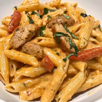 Creamy Pepper Jack Chicken Sausage Pasta taken with iphone 15 pro max --iw 2 --ar 4:5 --v 6.1 --raw
