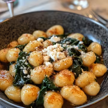 Crispy Gnocchi With Spinach And Feta taken with iphone 15 pro max --iw 2 --ar 4:5 --v 6.1 --raw