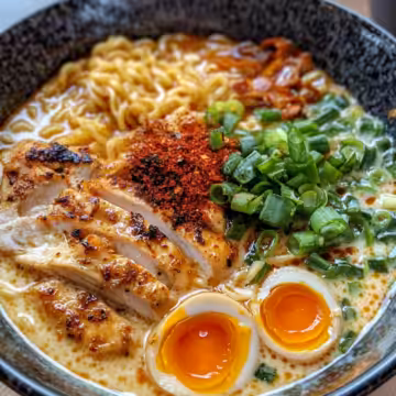 Fiery Chicken Ramen With Creamy Garlic Sauce taken with iphone 15 pro max --iw 2 --ar 4:5 --v 6.1 --raw
