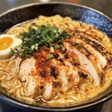 Fiery Chicken Ramen With Creamy Garlic Sauce taken with iphone 15 pro max --iw 2 --ar 4:5 --v 6.1 --raw