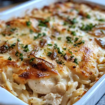 French Onion Chicken Orzo Casserole taken with iphone 15 pro max --iw 2 --ar 4:5 --v 6.1 --raw