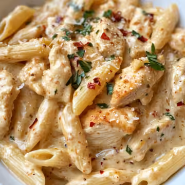 Garlic Parmesan Chicken Penne In Creamy Cajun Three Cheese Sauce taken with iphone 15 pro max --iw 2 --ar 4:5 --v 6.1 --raw