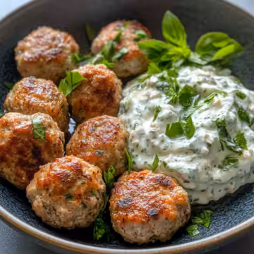 Greek Turkey Meatballs With Tzatziki taken with iphone 15 pro max --iw 2 --ar 4:5 --v 6.1 --raw