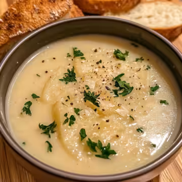 Homemade French Garlic Soup for Cozy Nights taken with iphone 15 pro max --iw 2 --ar 4:5 --v 6.1 --raw