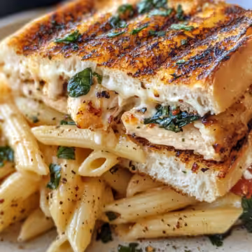 Honey Pepper Chicken Panini Pasta taken with iphone 15 pro max --iw 2 --ar 4:5 --v 6.1 --raw