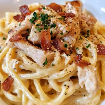 Irresistible Creamy Carbonara With Crispy Chicken Bacon taken with iphone 15 pro max --iw 2 --ar 4:5 --v 6.1 --raw