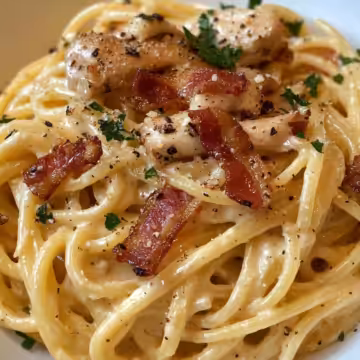 Irresistible Creamy Carbonara With Crispy Chicken Bacon taken with iphone 15 pro max --iw 2 --ar 4:5 --v 6.1 --raw