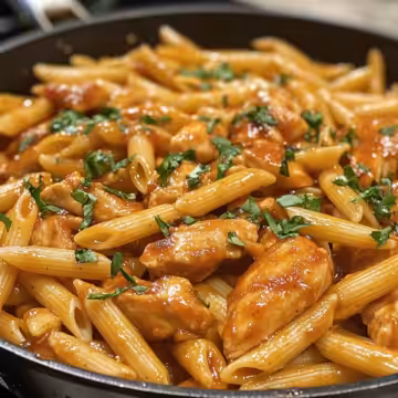 One Pan Tangy Honey Bbq Chicken Penne taken with iphone 15 pro max --iw 2 --ar 4:5 --v 6.1 --raw