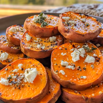 Roasted Sweet Potato Rounds With Honey Feta taken with iphone 15 pro max --iw 2 --ar 4:5 --v 6.1 --raw