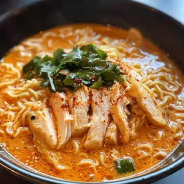 Spicy Fiery Chicken Ramen with Creamy Garlic Sauce taken with iphone 15 pro max --iw 2 --ar 4:5 --v 6.1 --raw