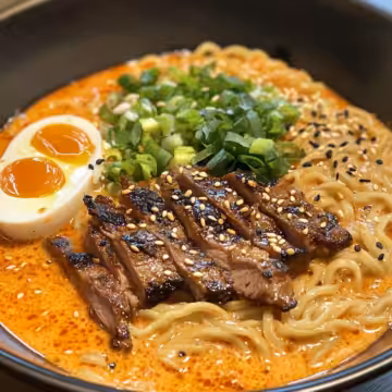 Spicy Korean Ramen With Grilled Beef Creamy Sauce taken with iphone 15 pro max --iw 2 --ar 4:5 --v 6.1 --raw