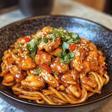 Sticky Garlic Chicken Noodles taken with iphone 15 pro max --iw 2 --ar 4:5 --v 6.1 --raw
