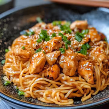 Sticky Garlic Chicken Noodles taken with iphone 15 pro max --iw 2 --ar 4:5 --v 6.1 --raw