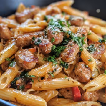 Sticky Honey Garlic Sausage Pasta Skillet taken with iphone 15 pro max --iw 2 --ar 4:5 --v 6.1 --raw