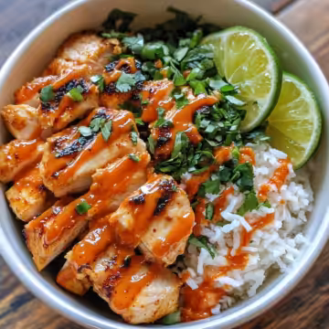 Sweet Chili Chicken Bowl With Coconut Lime Drizzle taken with iphone 15 pro max --iw 2 --ar 4:5 --v 6.1 --raw