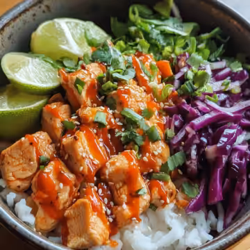 Sweet Chili Chicken Bowl With Coconut Lime Drizzle taken with iphone 15 pro max --iw 2 --ar 4:5 --v 6.1 --raw