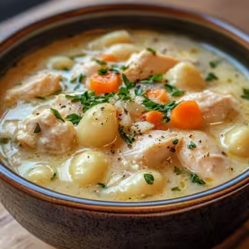 Tasty Rotisserie Chicken Gnocchi Soup taken with iphone 15 pro max --iw 2 --ar 4:5 --v 6.1 --raw