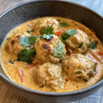 Thai Chicken Meatballs In Coconut Curry taken with iphone 15 pro max --iw 2 --ar 4:5 --v 6.1 --raw