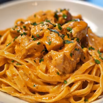 The Best Cowboy Butter Chicken Linguine taken with iphone 15 pro max --iw 2 --ar 4:5 --v 6.1 --raw