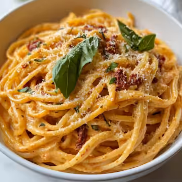 Vegan Creamy Sun Dried Tomato Pasta taken with iphone 15 pro max --iw 2 --ar 4:5 --v 6.1 --raw