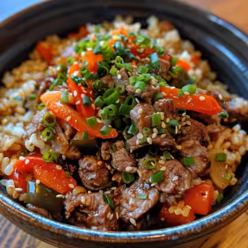 Beef and Pepper Rice Bowl taken with iphone 15 pro max --iw 2 --ar 4:5 --v 6.0 --raw