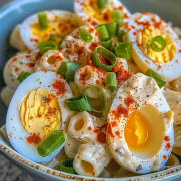 Best Deviled Eggs Pasta Salad taken with iphone 15 pro max --iw 2 --ar 4:5 --v 6.0 --raw
