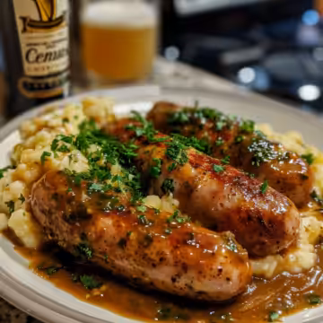 Best Irish Bangers and Colcannon with Guinness Gravy taken with iphone 15 pro max --iw 2 --ar 4:5 --v 6.0 --raw