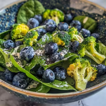 Blueberry Broccoli Spinach Salad with Poppy Seed Ranch taken with iphone 15 pro max --iw 2 --ar 4:5 --v 6.0 --raw