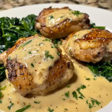 Bobby Flay Chicken Thighs with Creamy Garlic Sauce taken with iphone 15 pro max --iw 2 --ar 4:5 --v 6.0 --raw