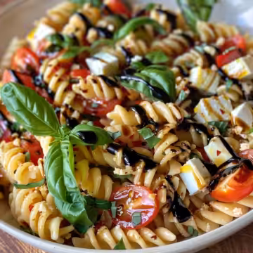 Caprese Pasta Salad with Balsamic Glaze taken with iphone 15 pro max --iw 2 --ar 4:5 --v 6.0 --raw