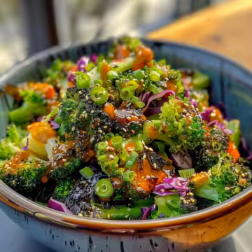 Charred Broccoli Salad with Hot Honey Dressing taken with iphone 15 pro max --iw 2 --ar 4:5 --v 6.0 --raw